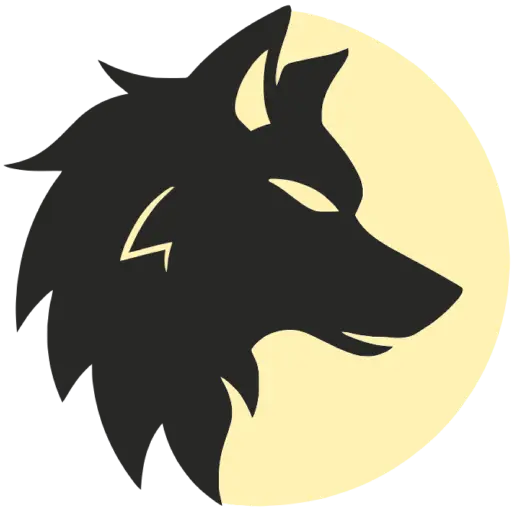 Logo depicting a wolf head in front of a sun/moon